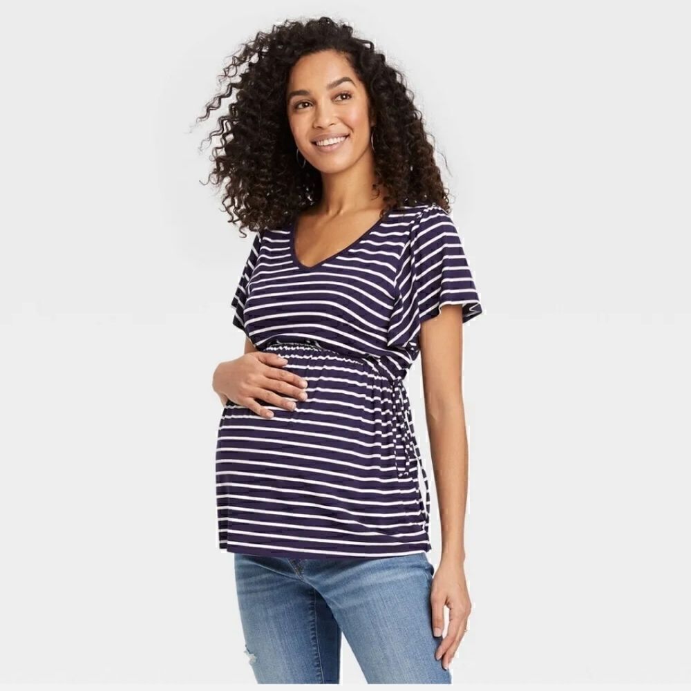 Isabel Maternity Striped Blue and White Top Size Medium